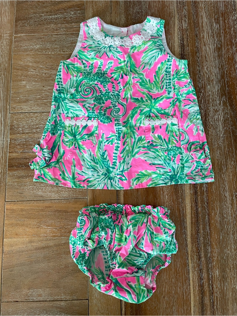 Lilly Pulitzer Pink Green Floral Top with White Crochet Trim